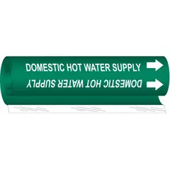 Green wrap-around pipe marker with white legend 'Domestic Hot Water Supply' and directional arrows. Fits pipe outer diameters from 1-1/2 to 2-3/8 inches. Used to identify domestic hot water supply lines in industrial piping systems for clear visual indication and compliance with pipe-marking standards.