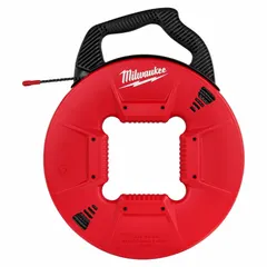 Non-conductive fish tape with 200 ft spiral-shaped polyester tape. Manual wind retraction with internal rotating winder slide. 17 in case diameter. Used for pulling cables through conduit, walls, and ceilings in electrical installations.