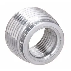 Aluminum reducing bushing for hazardous locations. Reduces a 2-1/2 in trade size opening to 2 in. Used in electrical conduit systems to transition between different trade sizes in classified environments.