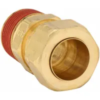 Brass compression fitting with self-aligning design, configured as Compression x Male NPT. Connects 1/4 in OD tubing to 1/4 in male pipe threads. Suitable for fluid and pneumatic systems requiring a leak-tight seal