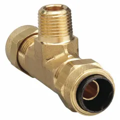 Brass compression tee fitting for 5/16 in OD tubing and 1/8 in pipe connections. Creep-resistant and self-aligning design. Supplied in a 10-pack. Used in industrial tubing systems for branching or combining fluid or gas lines.