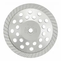 Turbo diamond segment cup grinding wheel with 7" diameter and 5/8"-11 threaded arbor. Features 45 diamond segments for aggressive material removal. Suitable for surface grinding on concrete, stone, and masonry in construction and renovation applications