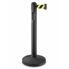 This retractable belt post barrier features a black plastic post and a rubber base. The black/yellow belt displays a diagonal stripe pattern without printed text, extending to a 12 ft length. Used for cordoning off areas, hazard marking, and traffic management in industrial, warehouse, and public settings.