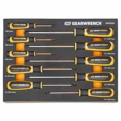 This 10-piece set includes Torx tip sizes T5, T6, T7, T10, T15, T20, T25, T27, T30, and T40. The screwdrivers are supplied in a tray for organized storage. Suitable for driving Torx fasteners in general assembly, repair, and maintenance tasks.