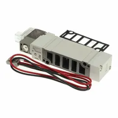 Double solenoid, five-way/two-position directional control valve with 5 ports, 24V DC, spring return, plug-in connection, internal pilot, and non-locking operation. Used to direct compressed air in automated pneumatic systems for applications such as manufacturing, packaging, and material handling.