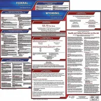 This poster set displays required federal and Wyoming state labor law notices. Printed in English on plastic, it measures 20 inches by 24 inches. Designed for workplace compliance, it consolidates mandatory postings into one document
