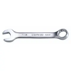 Alloy steel construction with satin finish. SAE 12-point box end and open end. 7/16 in head size, 3 7/8 in overall length, offset design for improved access in confined spaces. Suitable for tightening or loosening fasteners in automotive, machinery, and general assembly tasks.