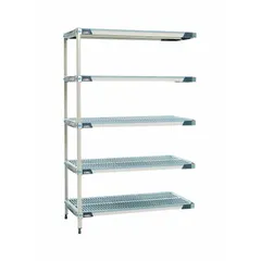 This stationary shelving unit features a 304 stainless steel frame and polymer shelves with antimicrobial resistance. It includes 5 shelves, with an overall height of 74 inches. Suitable for use in environments requiring frequent cleaning or moisture exposure.