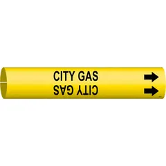 This snap-on pipe marker identifies City Gas pipelines. It features a yellow background with black legend and directional arrows, fitting pipe outer diameters of 4 to 6 inches. The marker is supplied as a single unit and is suitable for use in industrial facilities for clear pipe identification.