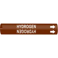 Snap-on pipe marker for identifying hydrogen lines. Brown background with white legend and directional arrows. Fits pipe outer diameters from 3/4 to 1-3/8 inches. Suitable for use in industrial piping systems requiring clear identification of gas contents