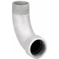 90° elbow fitting for rigid conduit, with female NPT on one end and male NPT on the other. Made of electroplated iron for corrosion resistance. Used to change conduit direction in electrical systems.