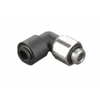 This elbow fitting connects 1/8 in BSPP threaded ports to 8 mm OD tubing, providing a 90° turn in pneumatic and fluid-handling systems. Constructed with a black nylon body and nickel-plated brass components, it is suitable for use in industrial automation, packaging, and material handling applications
