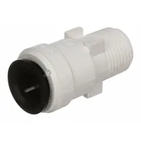 This polysulfone push-to-connect x MNPT adapter connects 3/8 in OD tubing to 1/2 in pipe threads. It enables tool-free installation in fluid systems for water, air, or chemical handling applications