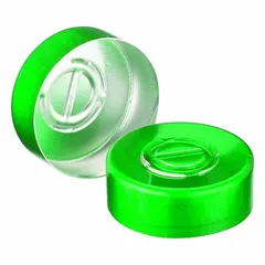 Green, unlined aluminum snap on caps for 20 mm diameter vial openings. Non-vented, without septa. Pack of 1000 closures. Suitable for sealing laboratory vials and bottles for sample storage and transport.