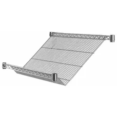 Steel wire shelf with chrome finish, silver color, for dry environments. NSF Approved. Slanted design promotes first-in, first-out product rotation. Includes one shelf with split sleeve assembly. Load capacity 200 lb.