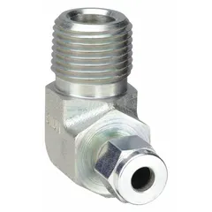 This double-ferrule steel compression fitting elbow connects 1/4 in OD tubing to a 3/8 in male NPT port at a 90-degree angle. It features a 7/16-20 thread size and is compatible with Parker A-LOK fittings. Suitable for hydraulic and pneumatic systems requiring leak-tight, vibration-resistant connections.