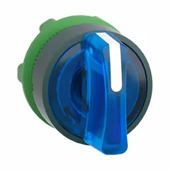 Illuminated selector-switch operator from the Series XB5 with a 22 mm panel mount size. Features three positions with maintained/maintained/maintained action and a non-metallic switch bezel. No cam included. Used for industrial control panel applications such as machine control and process automation.