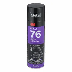3M Hi-Tack 76 is a general-purpose spray adhesive in an 18.1 oz aerosol can, delivering a clear, lace spray pattern. It features high tack and low-misting properties for interior bonding and repair of foil and rubber. Suitable for light assembly and patching tasks in industrial maintenance and fabrication. Complies with OSHA Hazard Communication Standard (29 CFR 1910.1200).