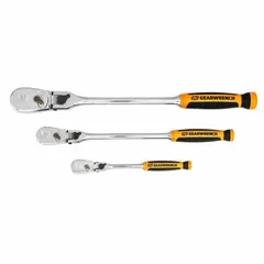 This GEARWRENCH flex-head ratchet features a reversible pear head design with a 4° minimum arc swing for use in confined spaces. The full polish chrome finish resists corrosion, and the non-magnetic construction is suitable for sensitive environments. Commonly used for tightening and loosening fasteners in automotive, industrial, and mechanical applications where access is limited.