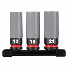 This 3-piece non-marring impact socket set includes 17 mm, 19 mm, and 21 mm sockets with a 1/2 in drive. The friction retention design secures sockets to impact wrenches. Non-marring coating protects wheel finishes during lug nut removal and installation in automotive and equipment maintenance.