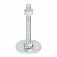 Swivel male leveling mount with round base and 1/2"-13 thread size. Rated load capacity of 2,248 lbf. Includes nut and features 11/16 in hex size. Used for leveling and stabilizing machinery, conveyors, and heavy equipment in industrial settings
