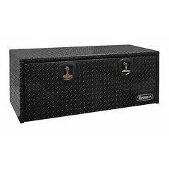 Single drop-down door box in black with a keyed lock. Designed for underbody mounting on trucks, providing secure storage for tools and equipment. Suitable for service trucks, work vans, and fleet vehicles.
