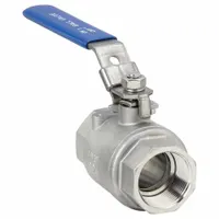 This manual two-way ball valve features a 304 stainless steel straight valve body and PTFE seals. It is equipped with a locking lever handle for secure flow control. Typical applications include on/off service in industrial piping systems handling water, oil, or gas