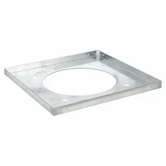 Galvanized steel base adapter plate for transitioning a 31-3/4 in round fan base to a 34 in square roof opening. Includes six bolts for secure mounting. Used with upblast roof ventilators in commercial and industrial ventilation systems.