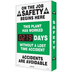 Electronic scoreboard constructed of aluminum with mounting holes for wall installation. Operates on 110/120V AC and is programmed via remote control. Displays lost-time accident count to promote workplace safety awareness.