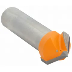 Carbide-tipped router bit for cutting V-shaped grooves in wood, MDF, and composite materials. Features a 3/4 in cutter diameter and 2 flutes. Commonly used in sign making, cabinetry, and furniture detailing.