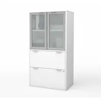 This lateral file cabinet with hutch is constructed of white laminate particle board. It has an overall width of 30 1/8 inches and an overall depth of 18 1/4 inches. Suitable for organizing files and providing additional workspace in office or light commercial environments
