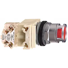 This illuminated flush-mount push button from the 9001K series features a metallic construction and a momentary action. It is a 30 mm SPDT device designed for use in industrial control panels, providing visual status indication for machinery and process control applications.