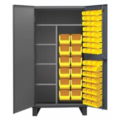 This steel bin cabinet features a gray powder-coated finish and a 12 ga panel. It includes 4 half-shelves and 60 yellow flush/solid bins, each measuring 8 in x 15 in x 7 in, with 12 bins per shelf. The cabinet is supplied assembled and is suited for organizing small parts and components in workshops and warehouses.