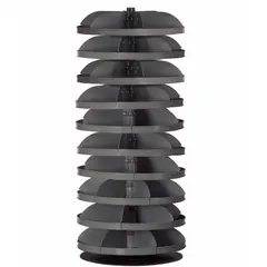 This revolving storage bin features flat-bottom shelves across 10 levels, each with 6 bins, providing organized storage for small parts. The rotating design allows easy access to components in workshops, warehouses, and assembly areas. Dimensions are 65 3/4 inches by 28 inches.