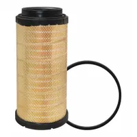 Engine air filter with round-oval shape and radial seal. Inside diameter of 3 25/32 in. Used in heavy-duty truck engine air intake systems to remove airborne contaminants