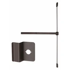 This surface vertical rod push bar from VON DUPRIN is constructed in bronze and includes a touchbar and night latch. Designed for doors up to 3 ft wide, it provides egress actuation for emergency exit applications.