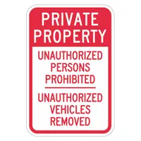 This 0.063-inch-thick aluminum sign features a High Intensity Prismatic (HIP) retroreflective grade for enhanced visibility. It includes mounting holes for secure installation. Typically used to mark private property and restrict unauthorized access