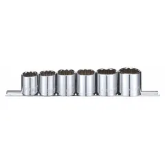 This 6-piece socket set includes 12-point metric sockets ranging from 20 mm to 25 mm with a 3/8 in drive. The sockets are standard depth and tether ready for safety. Suitable for tightening and loosening fasteners in automotive repair, machinery maintenance, and general industrial assembly.