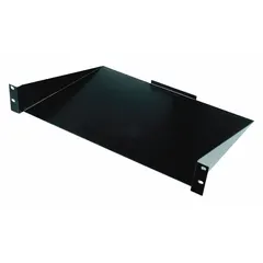 VIDEO MOUNT PRODUCTS Rack Shelf: 2 u, Solid Shelf, 12 1/2 in Overall Dp, 2 5/8 in Overall Ht, Black (MPN ERS1). Key specifications — Brand: VIDEO MOUNT PRODUCTS; Color: Black; Material: Steel; _Shelf Style: Solid.
