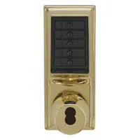 This mechanical push button lockset provides keyless entry for interior doors in commercial and institutional settings. It features a brass finish and offers key override compatibility with Best and Equivalents 6 or 7 pin systems. The lock is operated by a code, eliminating the need for keys or electrical wiring