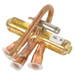 Flare tube reversing valve for heat pump systems, with 5/8 in suction and 3/8 in discharge connections. Used to direct refrigerant flow for switching between heating and cooling modes in residential and light commercial HVAC applications.