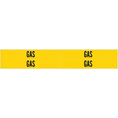Yellow pipe markers with black 'Gas' legend, designed for pipe outer diameters from 3/4 to 2-3/8 inches. Each set includes 4 markers without arrows, mounted on fiberglass carriers with strapping for secure attachment. Used to identify gas piping in industrial facilities.