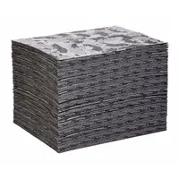Perforated polypropylene sorbent pad for absorbing industrial spills, leaks, and drips of oils, coolants, solvents, and water-based fluids. Each pad absorbs 33 3/8 oz. Pack of 100 gray pads, each measuring 20 in x 16 in