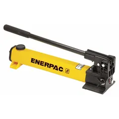The ENERPAC P391 is a two-stage hydraulic hand pump with a steel body, designed for single-acting cylinders. It delivers a maximum first-stage pressure of 10,000 psi. Typical applications include lifting, pressing, and tensioning tasks in industrial maintenance and construction where portable manual hydraulic power is required.