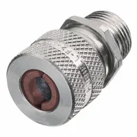 Straight metallic cable grip with aluminum body and silver finish. Features 1 in MNPT box connection, accommodates cord diameters 0.50 to 0.63 in, and includes a brown color-coded grommet. Rated IP66 and Class I, Division 2 for hazardous locations. Overall length 2 5/16 in. Used to secure and seal electrical cables entering enclosures in industrial environments