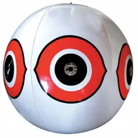 This outdoor bird repeller features a white vinyl construction with a reflective predator-eye pattern to deter birds from areas such as gardens, patios, and rooftops. The lightweight, weather-resistant design allows for year-round use in various outdoor settings