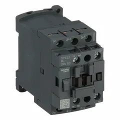 Non-reversing IEC magnetic contactor with 3 poles and 3 normally open (NO) contacts. Rated 25 A with a 24 V DC coil. No integrated surge suppression. Used for switching and controlling electrical loads in motor control, lighting, and HVAC applications.