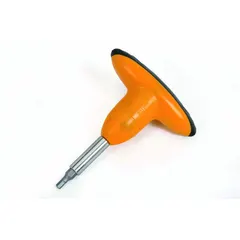 Preset T-handle torque screwdriver with 1/4 in tip size, set to 3.7 lb-ft torque. Click-type mechanism provides audible and tactile feedback when preset torque is reached. Suitable for assembly and maintenance tasks requiring consistent torque application.