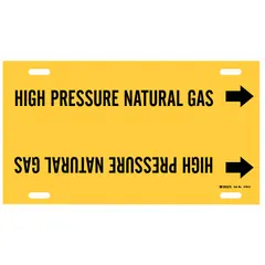 Yellow pipe marker with black legend for identifying high pressure natural gas lines. Fits pipe outer diameters of 8 to 9-7/8 inches and includes directional arrows. Suitable for industrial piping systems requiring clear content and flow direction identification.