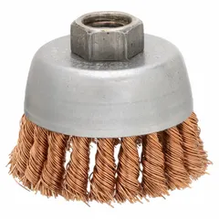 This cup brush features standard twist knot wire bristles for aggressive cleaning of hard metals. With a 2-3/4 in diameter and 0.02 in fill diameter, it is suited for heavy-duty surface preparation. The 5/8-11 arbor hole allows secure mounting on compatible tools. Typical applications include removing rust, scale, and weld splatter in environments where sparking must be avoided.